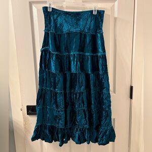 Teal/Turquoise Crushed Velvet Tiered Ruffle Maxi Skirt